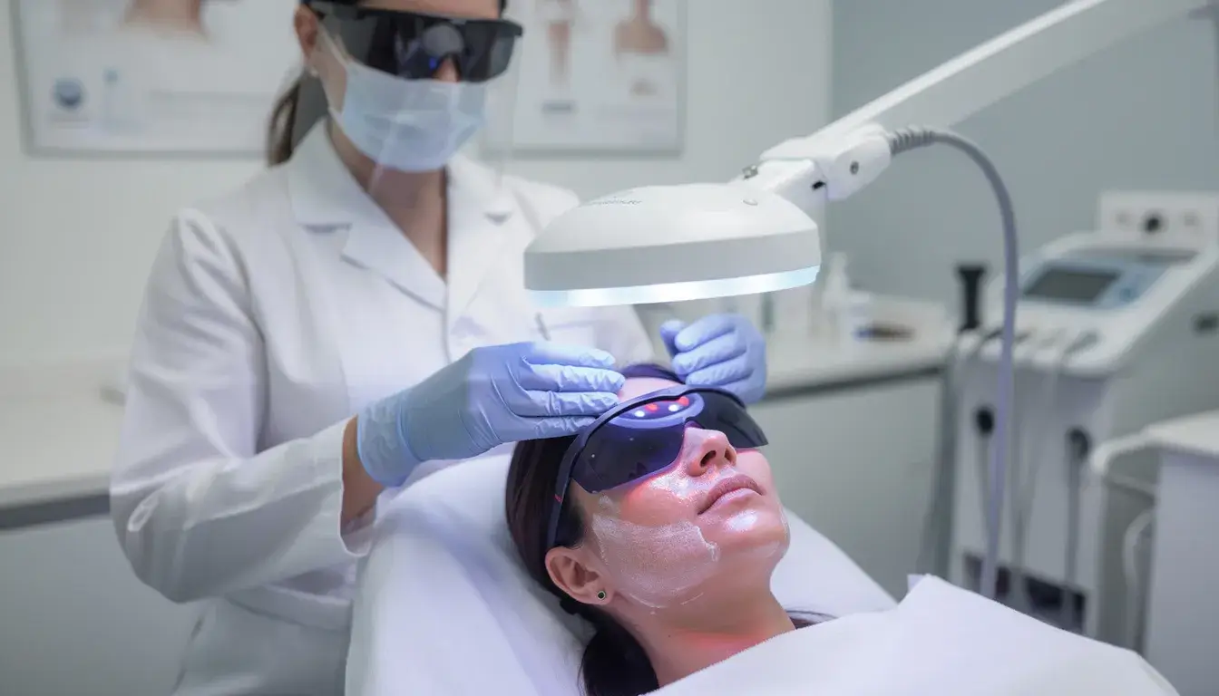 A healthcare provider is administering photodynamic therapy (PDT) treatment on a patient's face in a clinical dermatology setting, focusing on targeting abnormal cells and skin lesions. This outpatient procedure utilizes a specific wavelength of light to help kill cancer cells and treat conditions like actinic keratosis and superficial basal cell carcinoma.
